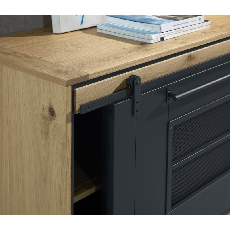 Enfilade porte coulissante et tiroir chêne et métal perforé