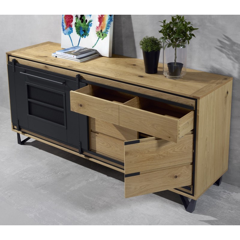 Enfilade porte coulissante et tiroir chêne et métal perforé