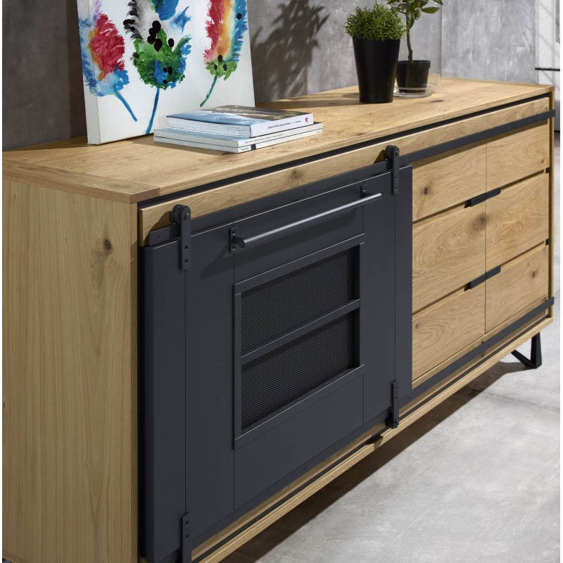 Enfilade porte coulissante et tiroir chêne et métal perforé