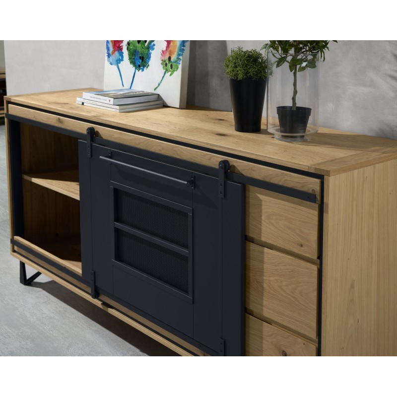 Enfilade porte coulissante et tiroir chêne et métal perforé