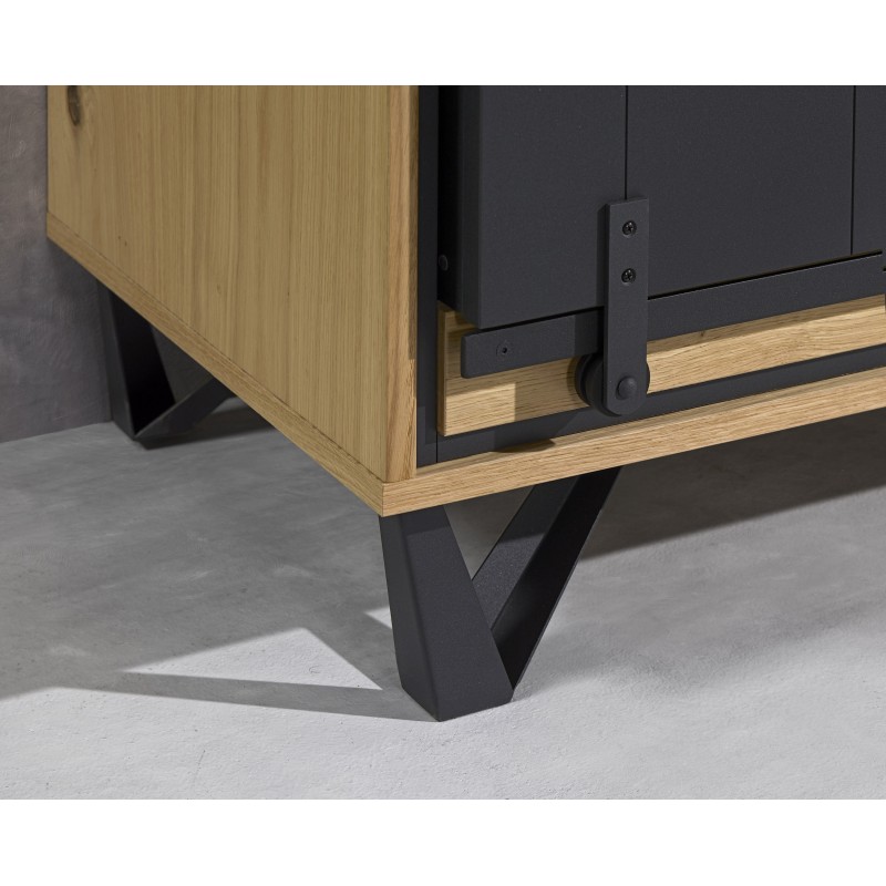 Enfilade porte coulissante et tiroir chêne et métal perforé