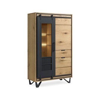 Vitrine portes coulissante chêne et métal perforé avec éclairage