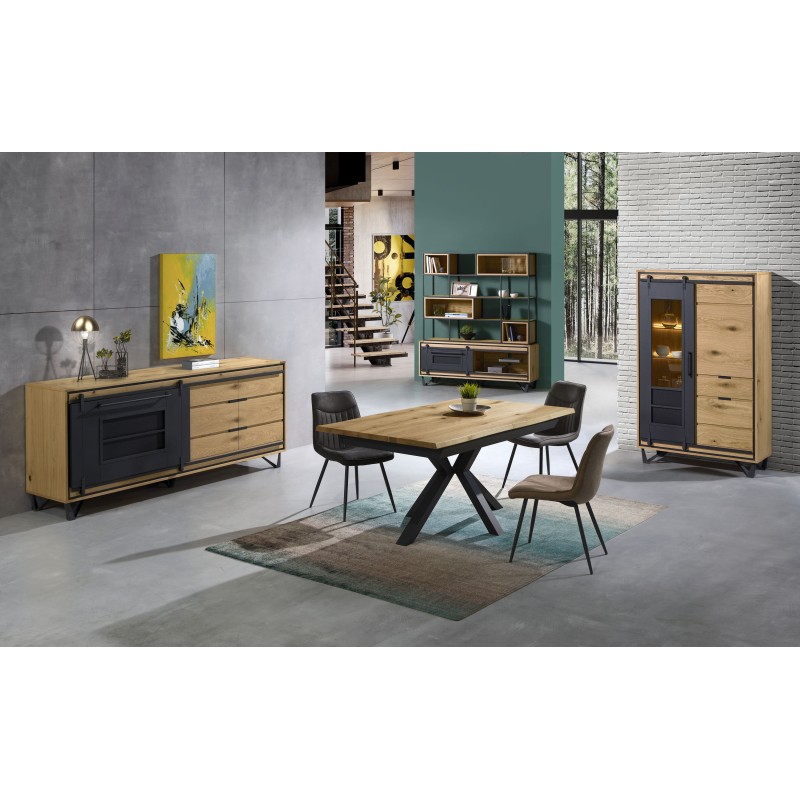 Vitrine portes coulissante chêne et métal perforé avec éclairage