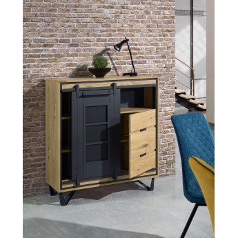 Meuble d'entrée porte coulissante 1 niche chêne et métal perforé