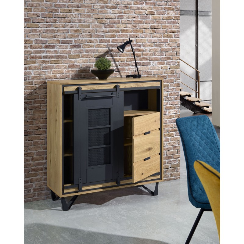 Meuble d'entrée porte coulissante 1 niche chêne et métal perforé