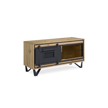 Meuble TV 1 porte coulissante 1 niche chêne et métal perforé Meuble TV 1 porte coulissante 1 niche chêne et métal perforé