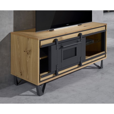 Meuble TV 1 porte coulissante 1 niche chêne et métal perforé Meuble TV 1 porte coulissante 1 niche chêne et métal perforé