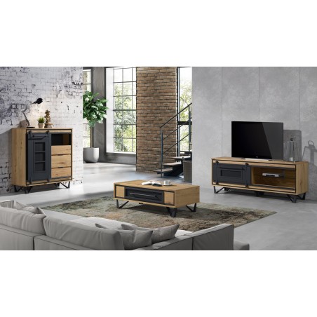 Meuble TV 1 porte coulissante 1 niche chêne et métal perforé Meuble TV 1 porte coulissante 1 niche chêne et métal perforé