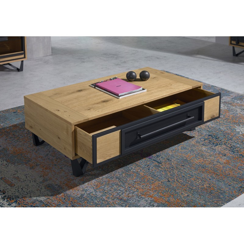 Table basse 1 tiroir chêne et métal perforé