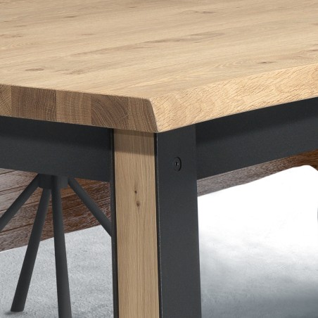 Table rectangulaire 4 pieds chêne et métal avec allonges intégrées