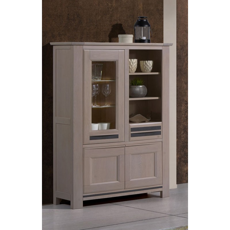 Vitrine 3 portes 1 tiroir façade en courbe chêne et incrustation céramique