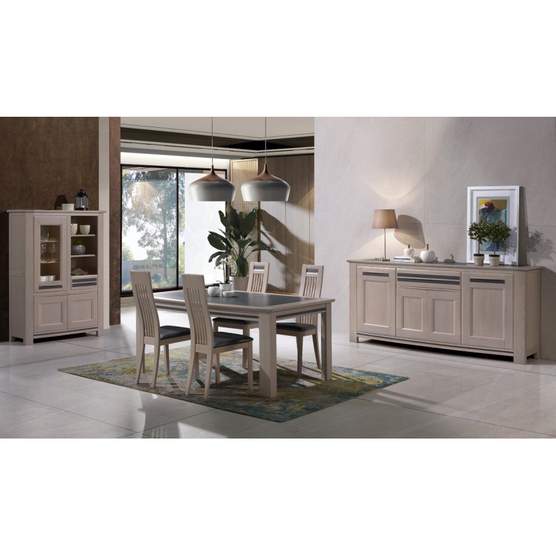 Vitrine 3 portes 1 tiroir façade en courbe chêne et incrustation céramique