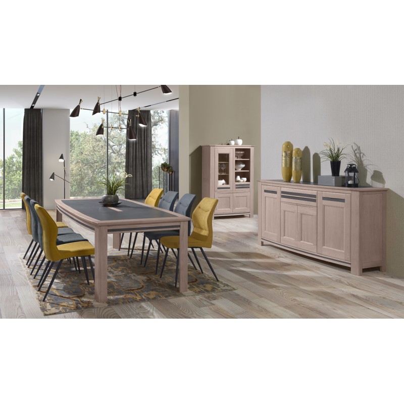 Vitrine 3 portes 1 tiroir façade en courbe chêne et incrustation céramique