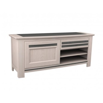 Meuble TV 1 porte façade en courbe chêne et incrustation céramique