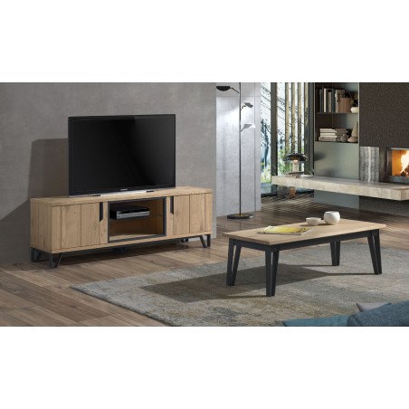 Meuble TV chêne et métal 2 portes 1 niche Meuble TV chêne et métal 2 portes 1 niche