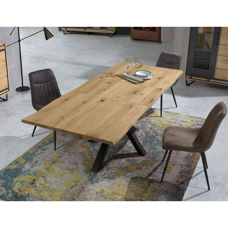 Table rectangulaire pied central chêne et métal avec allonges intégrées