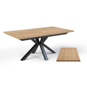 Table rectangulaire pied central chêne et métal avec allonges intégrées