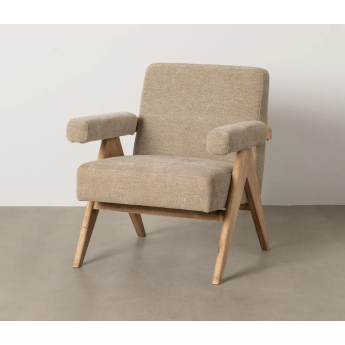 Fauteuil tissu beige et bois